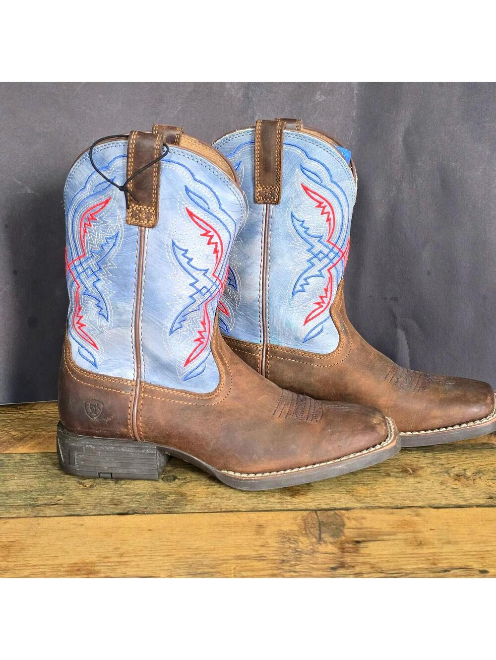 Ariat Youth Western Cowboy Boots with Blue and Red Embroidered Shaft, Size 2